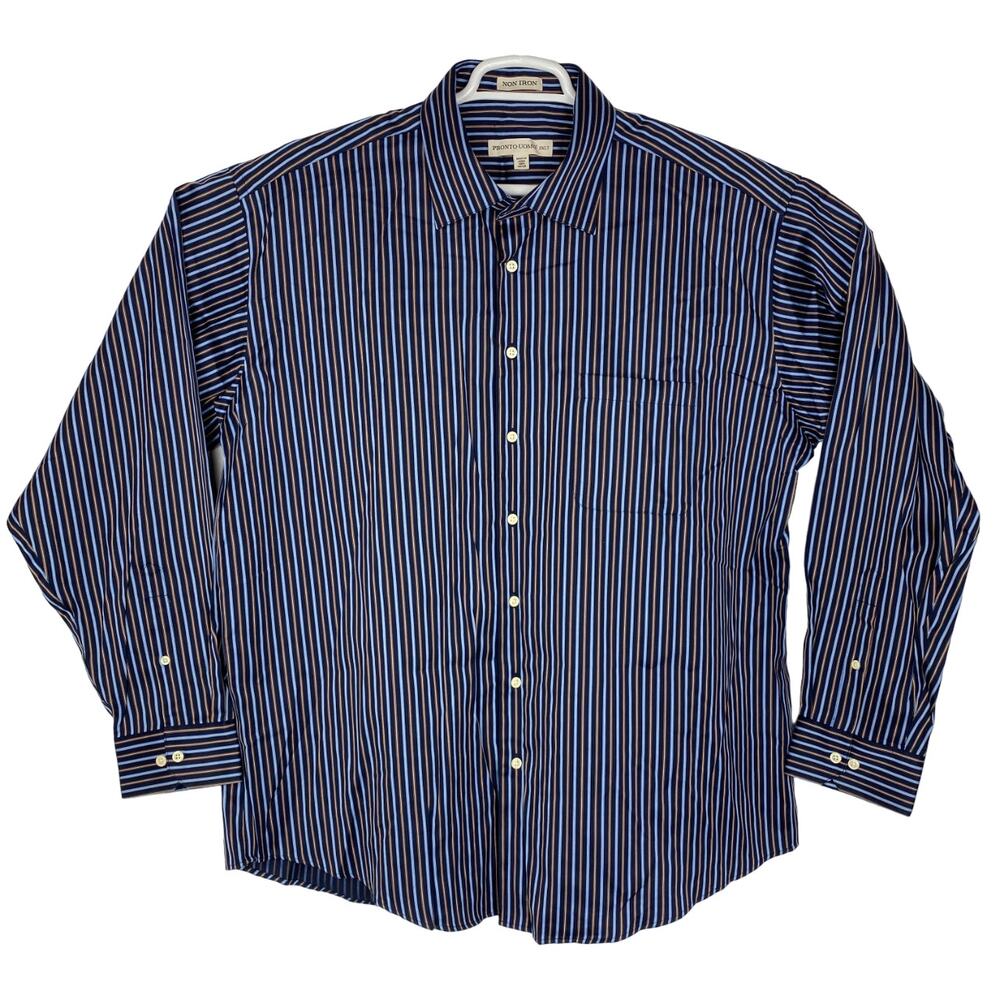 Pronto Uomo Striped Blue Brown Long Sleeve Button Mens 2XLT Shirt